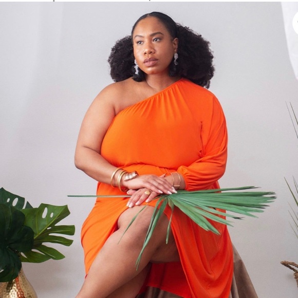 Eloquii Dresses & Skirts - ELOQUII One Sleeve Orange MIDI Dress with Cinched Waist Size 16